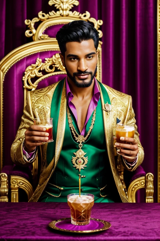 

 The image portrays a scene of indulgence and luxury with a well-dressed man eagerly about to enjoy a lavishly decorated and visually extravagant drink The drink itself is adorned with gold elements, including gold leaf and green coloured creating a sense of opulence and grandeur. The man is depicted putting  Redbull drink on the drink glass. appearing excited and ready to savor its rich flavors. The setting is vibrant, with a purple background and a magenta tablecloth, enhancing the overall opulent and visually striking presentation of the scene.
