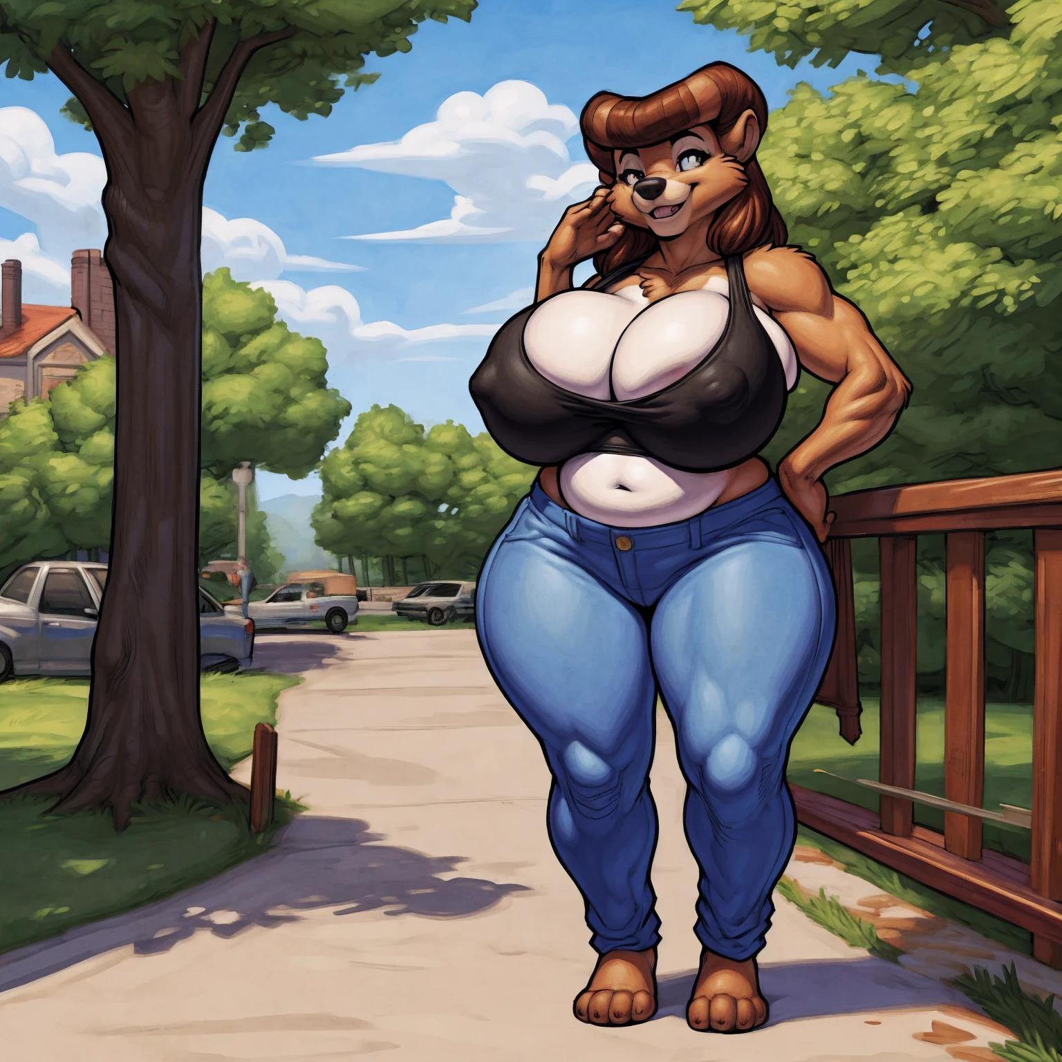 by meesh, by bigdad, by wfa, soft figure, , chubby, , heavy, rebecca cunningham, female, , older woman, furry body, wide body, short woman, shortstack, wide , thick thighs, big arms, (massive :1.4), heavy ,  outline, highly detailed eyes, , tank top,  midriff, , large , blue jeans, lowrise jeans,  midriff, visible  straps, Masterpiece, best quality, absurd res, highly detailed, cleanly drawn eyes, park environment, cute smile, standing upright, casual posture,