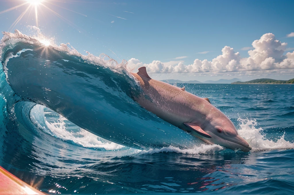 a pink dolphin swimming in the ocean near a speed boat, real photography, medium shot, 4k, high quality, detailed, realistic, photographic, vibrant colors, ocean waves, blue sky, tropical sun, sun glare, dolphin splashing, boat wake, dynamic composition, environmental portrait