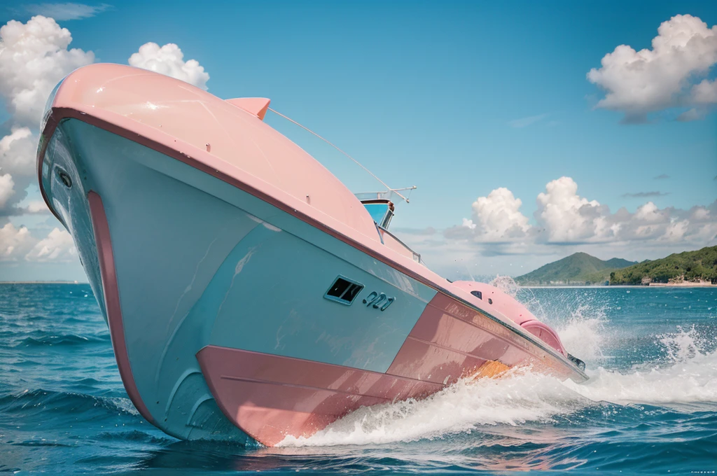 a pink dolphin swimming in the ocean near a speed boat, real photography, medium shot, 4k, high quality, detailed, realistic, photographic, vibrant colors, ocean waves, blue sky, tropical sun, sun glare, dolphin splashing, boat wake, dynamic composition, environmental portrait