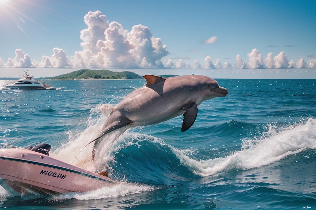 a pink dolphin swimming in the ocean near a speed boat, real photography, medium shot, 4k, high quality, detailed, realistic, photographic, vibrant colors, ocean waves, blue sky, tropical sun, sun glare, dolphin splashing, boat wake, dynamic composition, environmental portrait