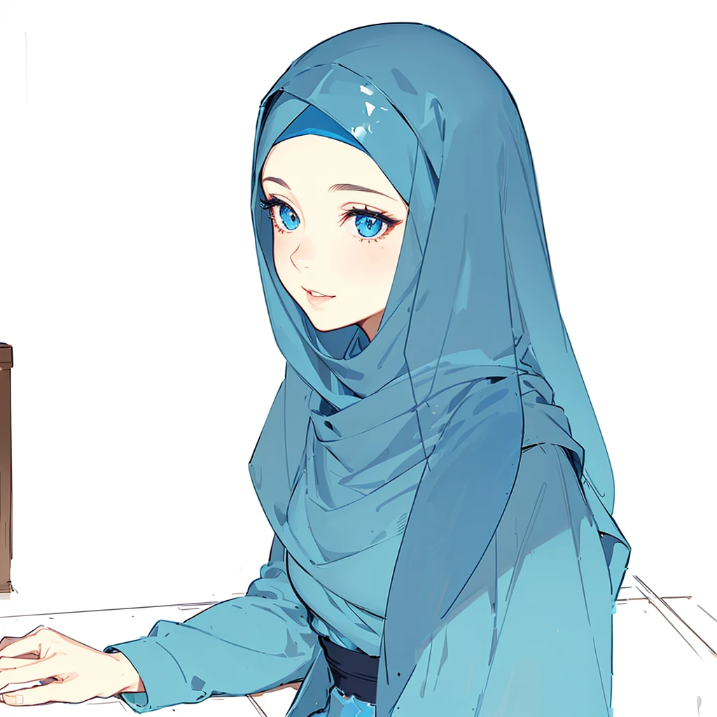 1girl, blue hijab, blue eyes, smiling lips, happy face, looking away eyes, beautiful detailed eyes, beautiful detailed lips, extremely detailed face, long eyelashes, intricate hijab folds, natural lighting, portrait, photorealistic, 8k, high quality, cinematic lighting, dramatic shadows, vibrant blue tones, serene expression