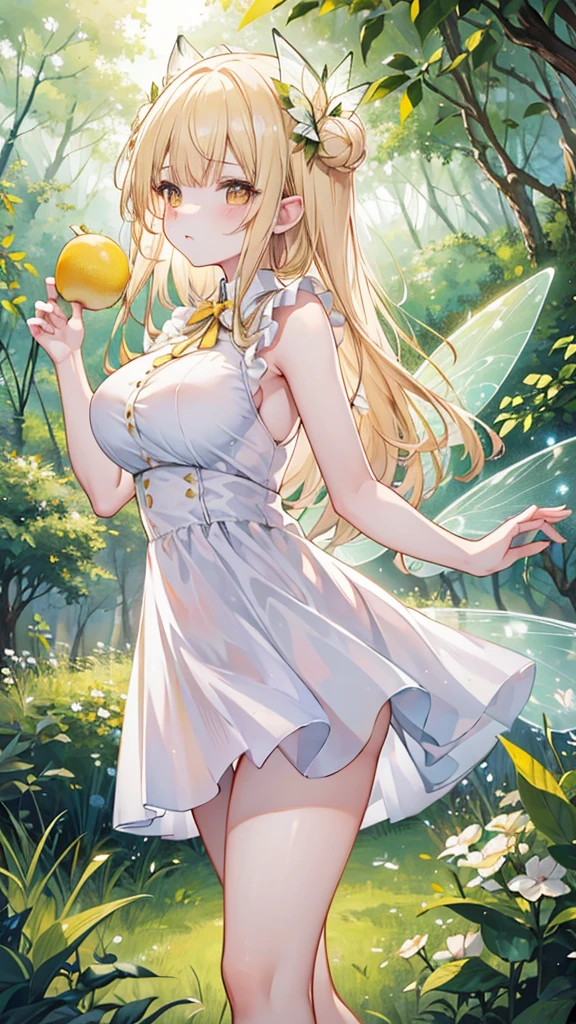 Showing the whole body, cute, baby face, big breasts, flying, in the forest, white dress, long hair, alone, small, fairy wings, honey-colored hair, big lemon