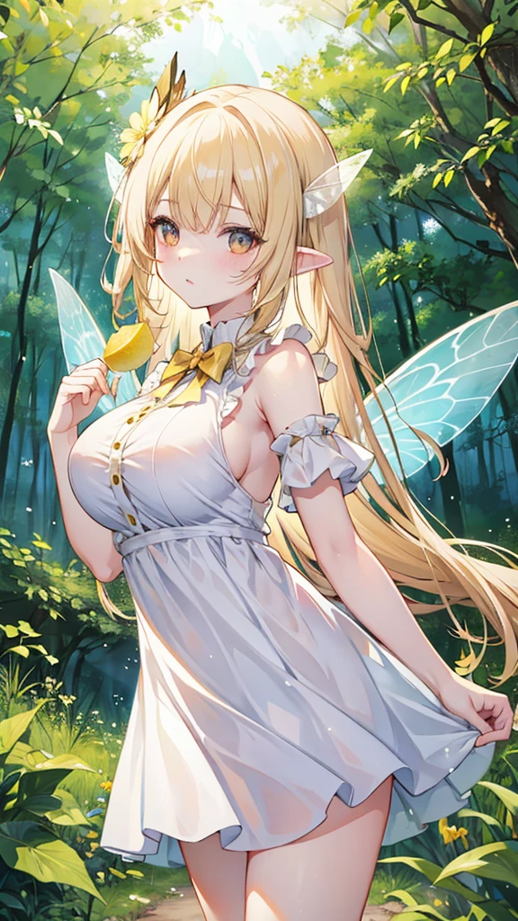 Showing the whole body, cute, baby face, big breasts, flying, in the forest, white dress, long hair, alone, small, fairy wings, honey-colored hair, big lemon