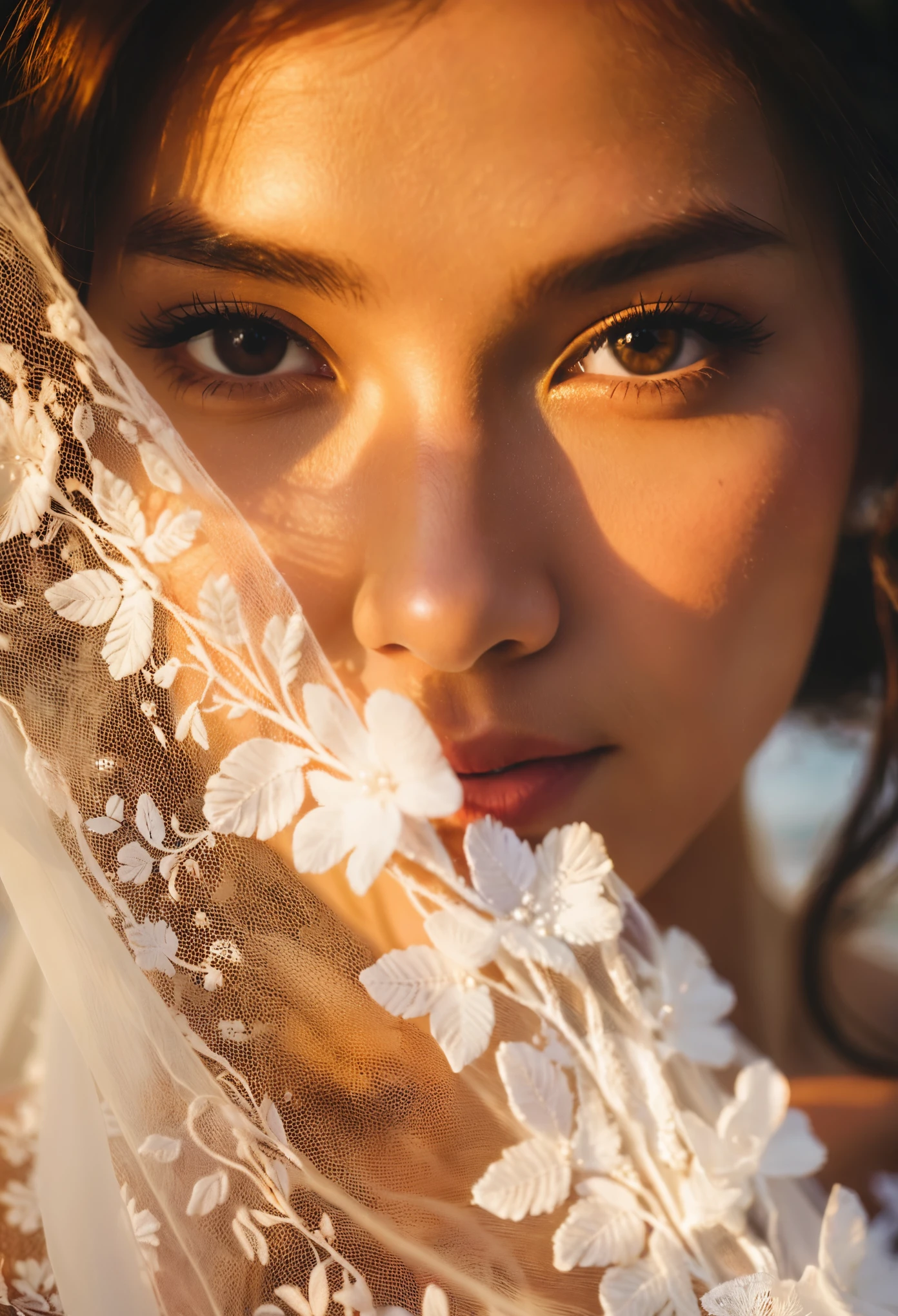 A close-up shot of a MagMix Girl's face, framed by a white lace veil attached to a flowing white dress. The warm light of the setting sun reflects in her eyes, filled with a mixture of joy and anticipation. The photo hints at a special occasion, perhaps a wedding vow renewal on the beach