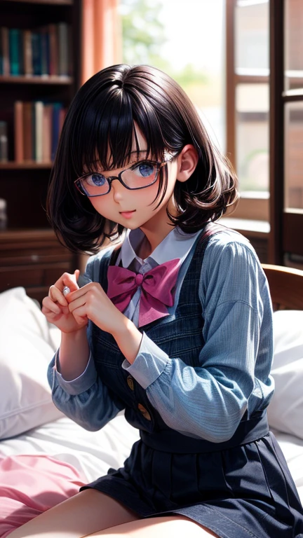 (8K、Hyper HD)On pink sheets、transparent bottom、Spread your legs、short hair, Black Hair, Curly Hair、View your viewers,high school girl,Leaning forward,(Random cute clothes),(Random Animation Pose),(Thin type),(Random hairstyle),(Best image quality, (8K), Ultra-realistic, 最high quality, high quality, High resolution, high qualityの質感, Attention to detail, Beautiful details, Fine details, Highly detailed CG, Detailed Texture, Realistic facial expressions, masterpiece, in front),(Wear glasses:1.1)
