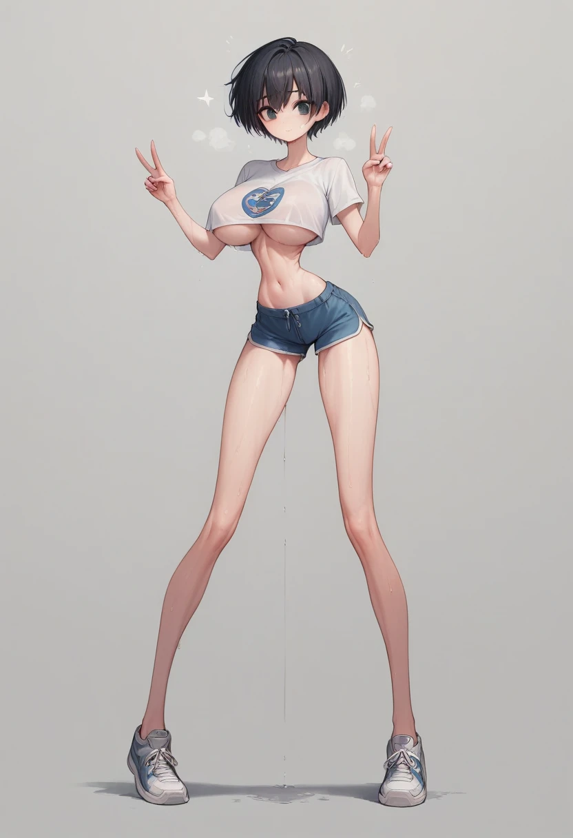 (masterpiece, best quality:1.2), Shader, front shot, 1girl, kawaii, (super big breasts, micro waist, very long legs:1.3), Black hair, short bob hair, short height, scrawny and thin body, Light Skin, cute big eyes, cute beautiful thin face, shorts, pigeon-toed, wet and sweaty, big visible ribs, V sign, Trembling