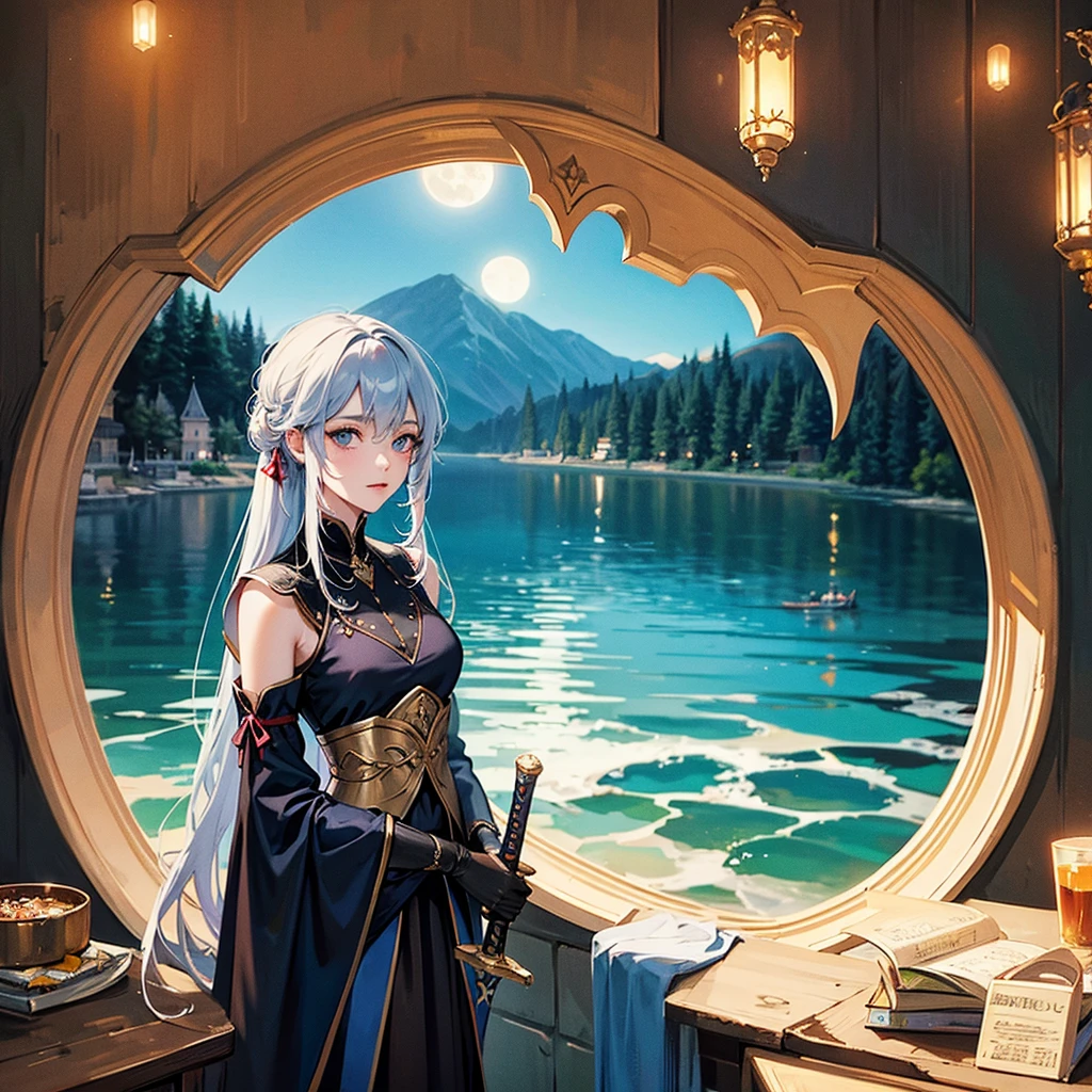 dragon sword, lake, dark fantasy, moon