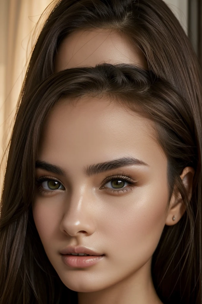 ((best quality)), ((masterpiece)), (detailed), perfect face, 21 year old woman, latina,white skin with olive undertone, hazel eyes, Slender eyebrow, thick lips, light brown hair, 