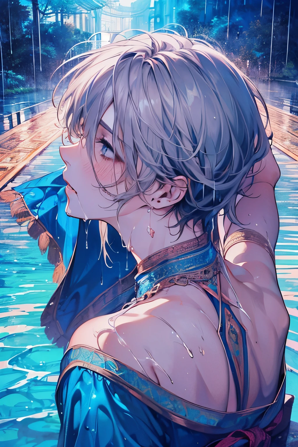 ((male:1.5)),(forhead mark),((White hair)),((rainy:1.2)),(nsfw:1.3),((high quality:1.2)),((perfect picture:1.2)),((beautiful image:1.2)),((high view:1.2)),blush,(marine:1.2),((Wet Hair:1.3)),((perfect hand:1.0)),(kiss me:1.05),Falling into Pleasure,(Arabian costumes:1.25),(barefoot:1.1)