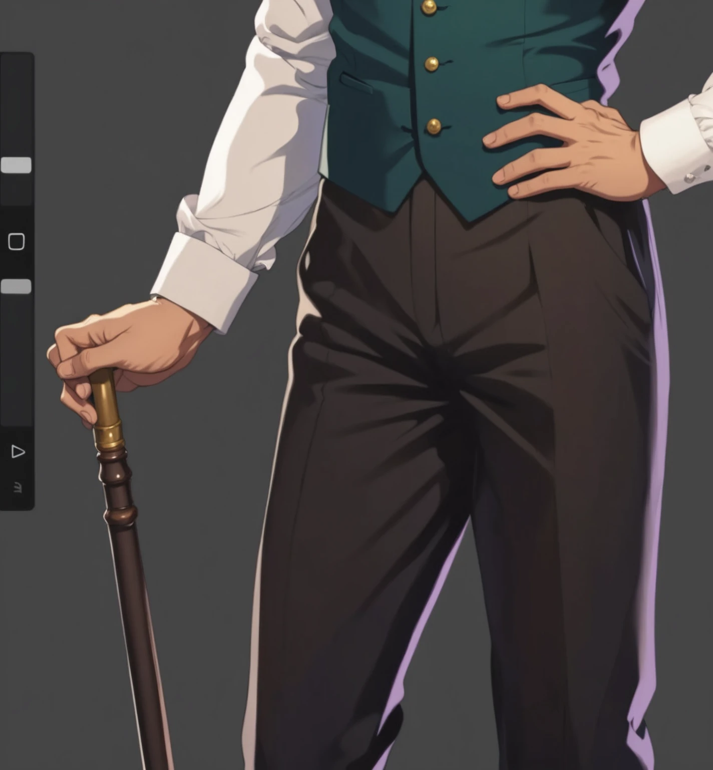 anime style, victorian style, man with a cane with golden curls