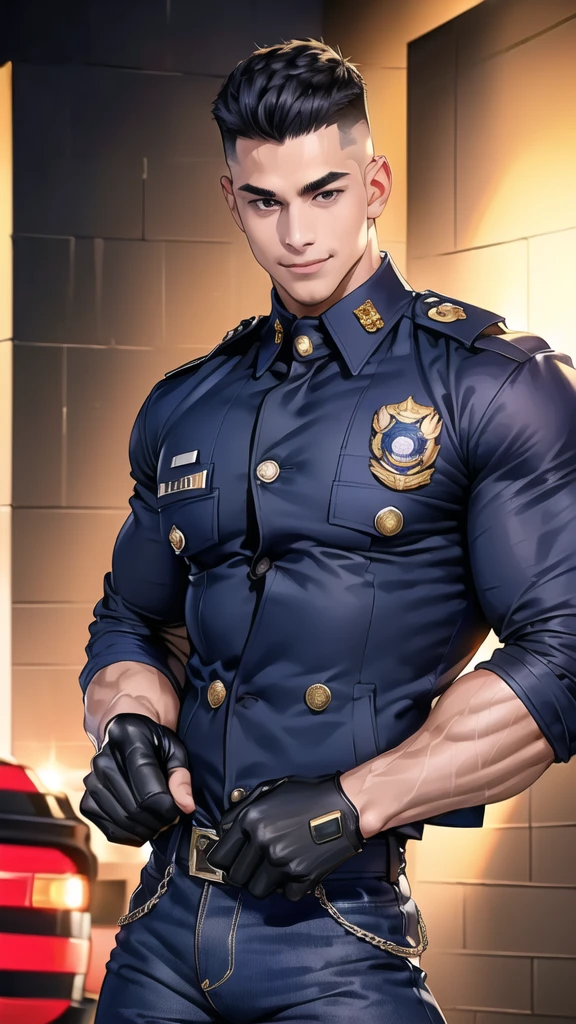 1 man,(Skinheads hairstyles) ,black eye,(Wear jacket navy with a police badge.:1.3),(fit neck),Navy blue jeans,(black_gloves), Korean guy,chest muscles,large arm muscles,blood vessel,Big muscles,Broad shoulders, smile, middle of the road,(full_shot:1.6)