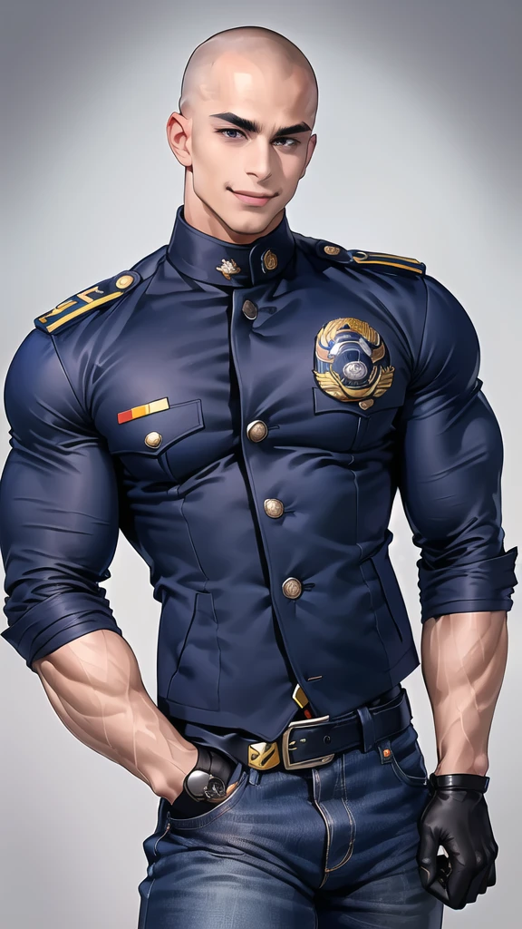 1 man,(Skinheads hairstyles) ,black eye,(Wear jacket navy with a police badge.:1.3),(fit neck),Navy blue jeans,(black_gloves), Korean guy,chest muscles,large arm muscles,blood vessel,Big muscles,Broad shoulders, smile, middle of the road,(full_shot:1.6)