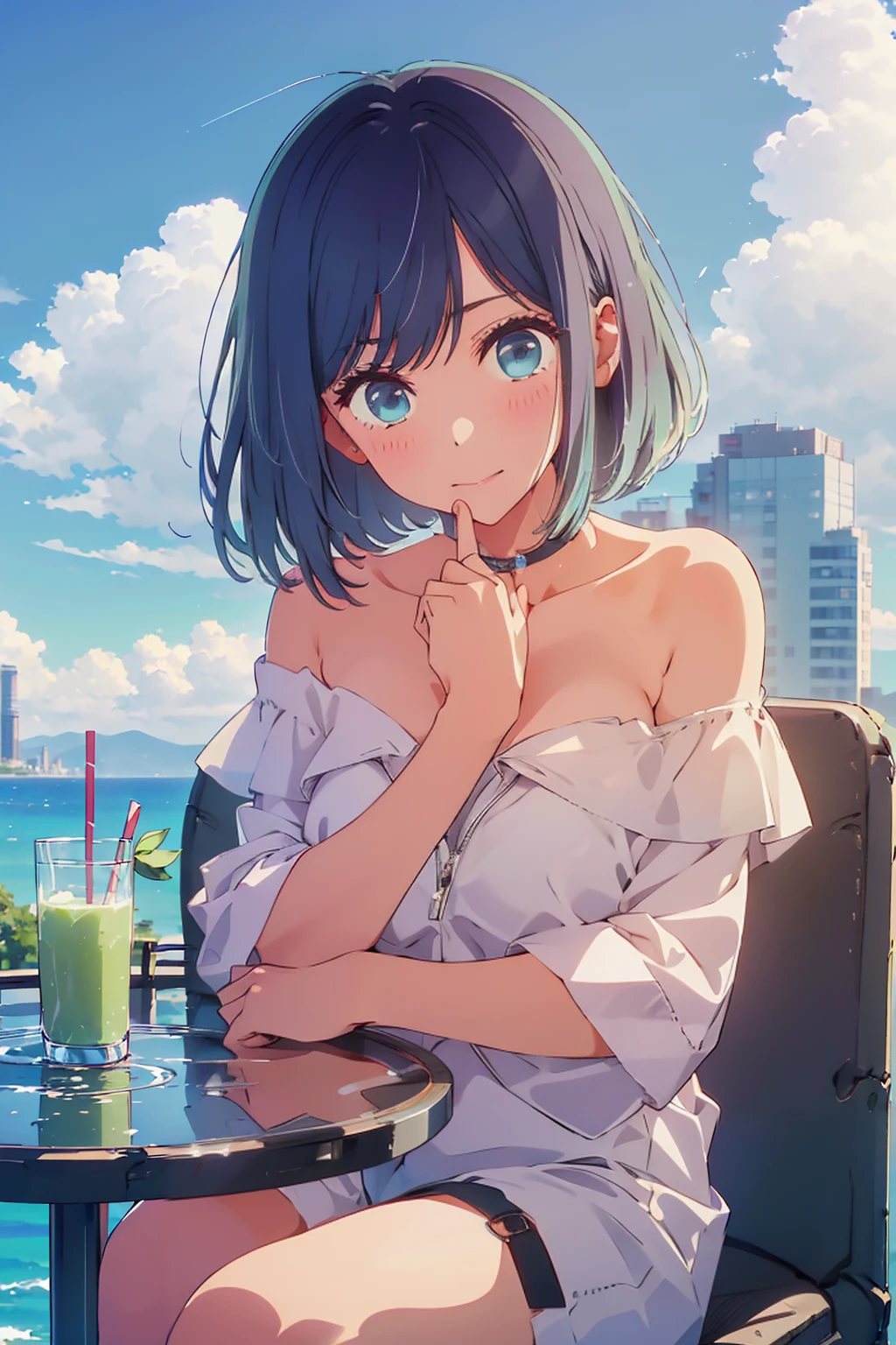 (Highest quality:1.4、8K:1.4、detailed)、F cup bust、Big Breasts、Slim body、Very white beautiful skin、((((1 person、Troubled expression、sit、Chair、In the background are the urban buildings of Tokyo、looking at the camera、Outdoor café terrace、coastal、Navy hair color、juice、Shooting up close、table、Very cute face))))、((((nude、Areola))))、(Touching cheeks with both hands pose:1.4)、(((Off the shoulder)))、Nipples、Very blue sky、A completely cloudless sky