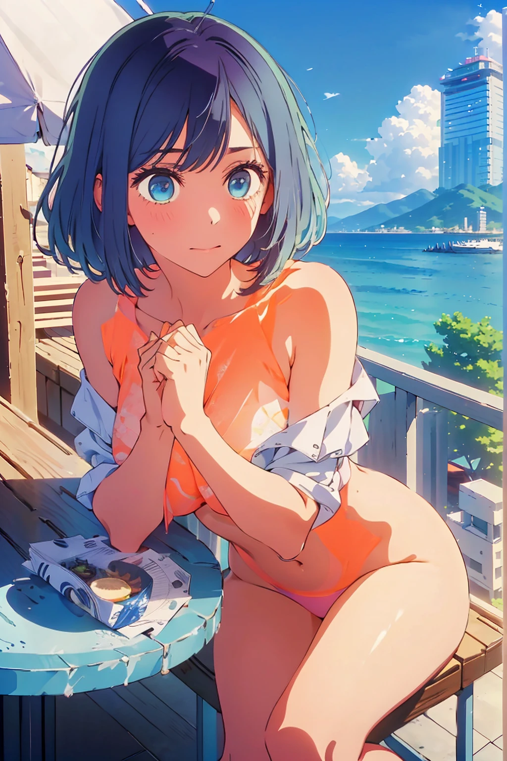 (Highest quality:1.4、8K:1.4、detailed)、F cup bust、Big Breasts、Slim body、Very white beautiful skin、((((1 person、Troubled expression、sit、Chair、In the background are the urban buildings of Tokyo、looking at the camera、Outdoor café terrace、coastal、Navy hair color、juice、Shooting up close、table、Very cute face))))、((((nude、Areola))))、(Touching cheeks with both hands pose:1.4)、(((Off the shoulder)))、Nipples、Very blue sky、A completely cloudless sky