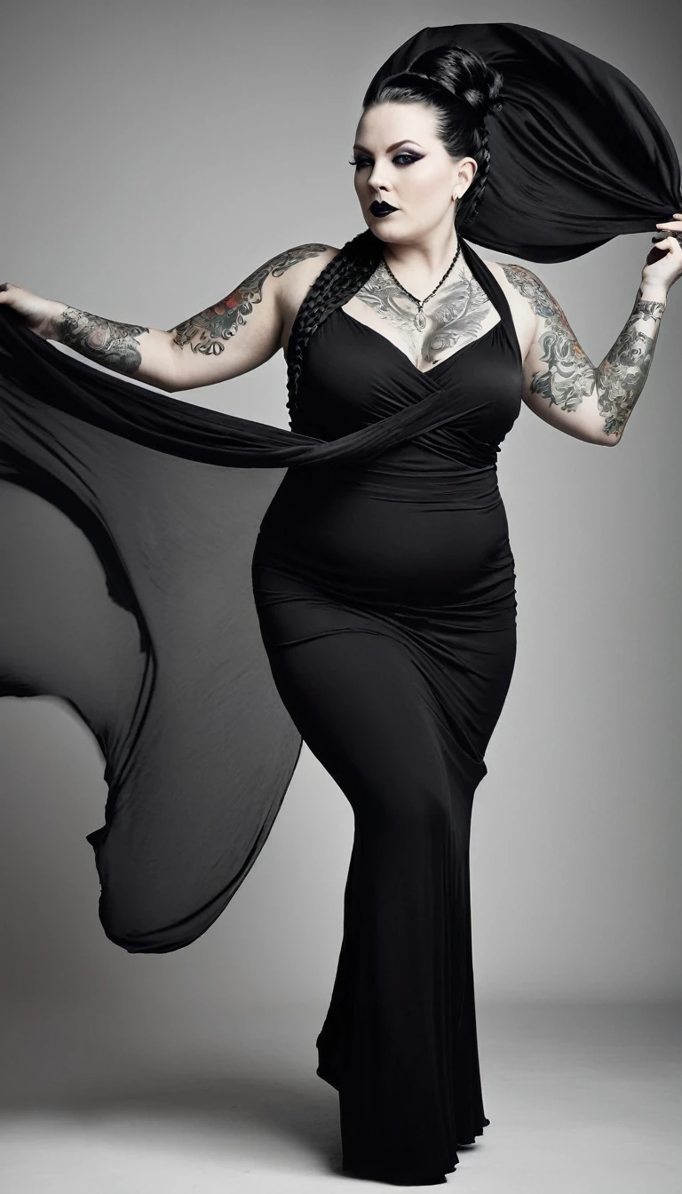 A stunning, high-realistic, studio photograph of a slender scandinavian fat chubby scandinavian woman, (Ingrid Mueller) 35 years old, goth woman. black dyed hair , sidecut and braided hairstyle dancing, pale skin. tattoos .  gothic make-up, dancing . clothed only in intricately draped, flowing black silk scarves, evoking a sense of elegance and grace. Captured in a monochromatic color palette, the black and white tone amplifies the textures and shadows, adding depth to the fluid, energetic movement of the subject. Soft, diffused lighting accentuates the woman's sinuous curves, as her slender limbs seem to blur in motion, exuding a sense of freedom and joy.