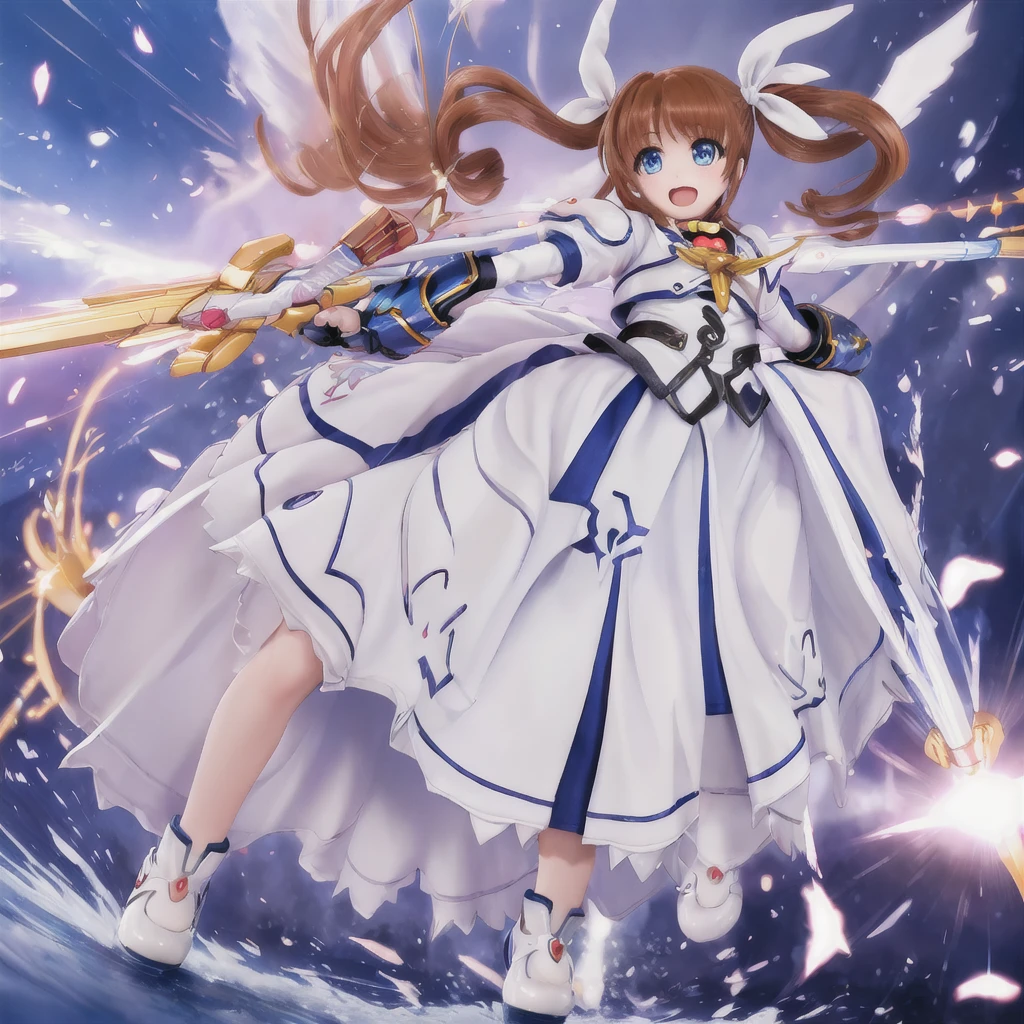 SFW,  One girl, (8K, Highest quality, masterpiece:1.2), (Professional Lighting:1.2), (whole body, Dynamic Angle,  From below:1.1),
A photo of a cute magical girl in white clothes,  takamachi nanoha, Cute Justice,  Flying in the air, Bright blue sky,  Light of the sun, Floating Clouds,  White magic beam, (Dynamic pose:1.5), relax, Joyful, [:D],
(Satin clothing:1.2), Luxury clothing with attention to detail, Short Twin Tails,   short hair, Hair Ribbon, blue eyes, armor, Long skirt, Fluffy long sleeves,  Gauntlet, Fingerless gloves,  shoes下, shoes,
Urzan-6500-v1.1