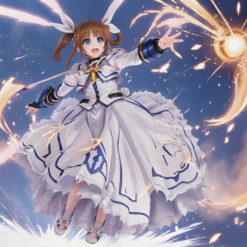 SFW,  One girl, (8K, Highest quality, masterpiece:1.2), (Professional Lighting:1.2), (whole body, Dynamic Angle,  From below:1.1),
A photo of a cute magical girl in white clothes,  takamachi nanoha, Cute Justice,  Flying in the air, Bright blue sky,  Light of the sun, Floating Clouds,  White magic beam, (Dynamic pose:1.5), relax, Joyful, [:D],
(Satin clothing:1.2), Luxury clothing with attention to detail, Short Twin Tails,   short hair, Hair Ribbon, blue eyes, armor, Long skirt, Fluffy long sleeves,  Gauntlet, Fingerless gloves,  shoes下, shoes,
Urzan-6500-v1.1