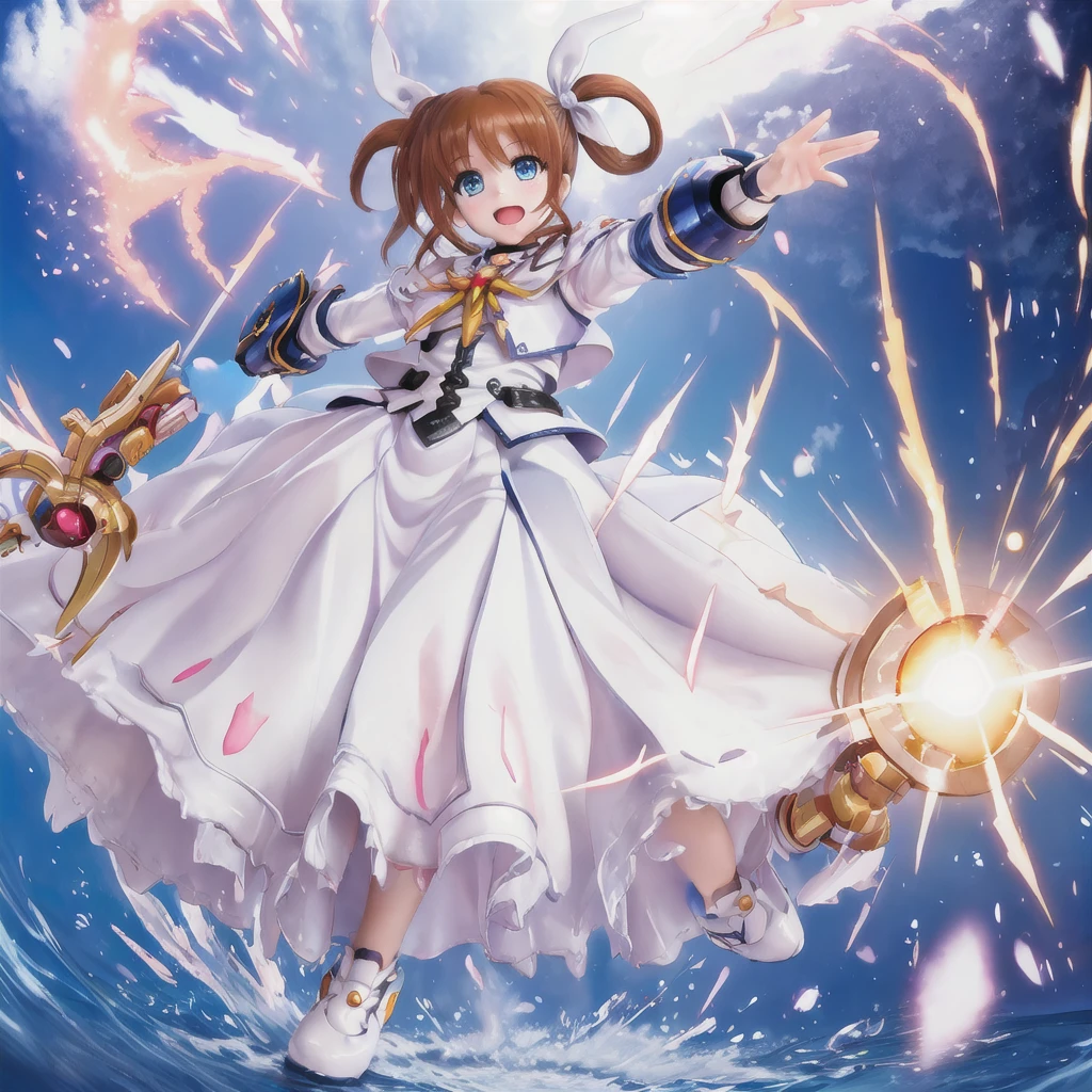 SFW,  One girl, (8K, Highest quality, masterpiece:1.2), (Professional Lighting:1.2), (whole body, Dynamic Angle,  From below:1.1),
A photo of a cute magical girl in white clothes,  takamachi nanoha, Cute Justice,  Flying in the air, Bright blue sky,  Light of the sun, Floating Clouds,  White magic beam, (Dynamic pose:1.5), relax, Joyful, [:D],
(Satin clothing:1.2), Luxury clothing with attention to detail, Short Twin Tails,   short hair, Hair Ribbon, blue eyes, armor, Long skirt, Fluffy long sleeves,  Gauntlet, Fingerless gloves,  shoes下, shoes,
Urzan-6500-v1.1