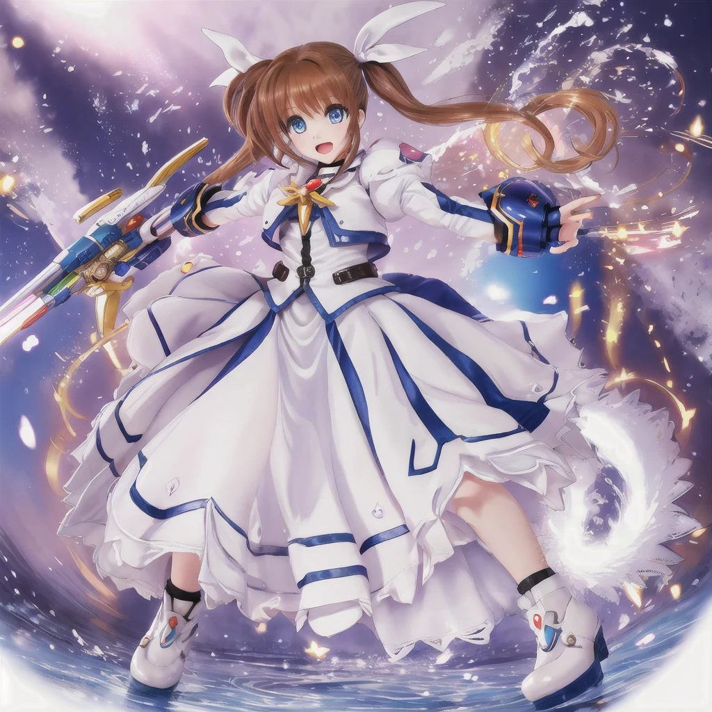 SFW,  One girl, (8K, Highest quality, masterpiece:1.2), (Professional Lighting:1.2), (whole body, Dynamic Angle,  From below:1.1),
A photo of a cute magical girl in white clothes,  takamachi nanoha, Cute Justice,  Flying in the air, Bright blue sky,  Light of the sun, Floating Clouds,  White magic beam, (Dynamic pose:1.5), relax, Joyful, [:D],
(Satin clothing:1.2), Luxury clothing with attention to detail, Short Twin Tails,   short hair, Hair Ribbon, blue eyes, armor, Long skirt, Fluffy long sleeves,  Gauntlet, Fingerless gloves,  shoes下, shoes,
Urzan-6500-v1.1