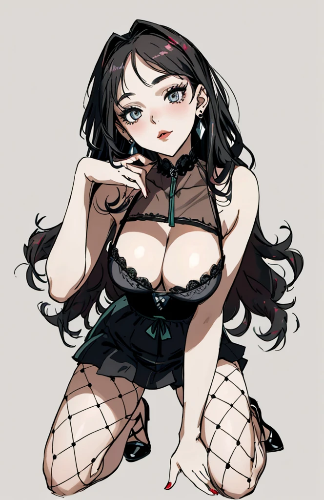 (best quality,masterpiece:1.2,detailed details,4K),((masterpiece)), ((best quality)), (ultra-detailed),, anime style,large breast, slim, slender, ashamed, all fours ,Kneeling,Girl with modern gothic makeup, fair skin, long legs, black eyeshadow, Camisole, plump figure, earrings and lip studs, fishnet stockings, posing in an attractive pose, lovable expression
