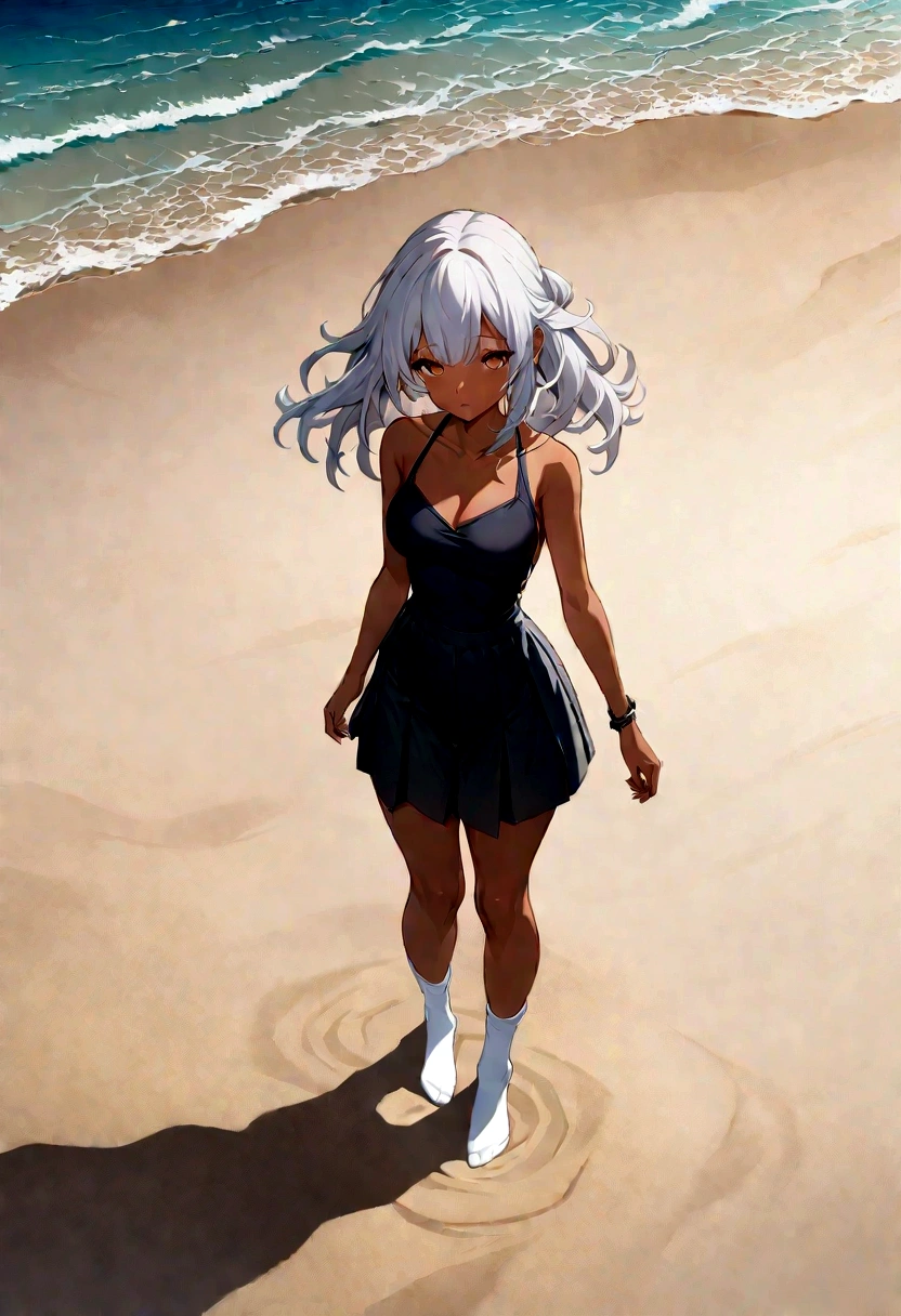 ((masterpiece)), ((best quality)), ((high resolution)), ((Extremely detailed CG unity 8k wallpaper)), Solitary, Orange, Tan , Black skirt, White socks, outdoor, Face, Downy hair, beach, Separated hair, Silver Hair