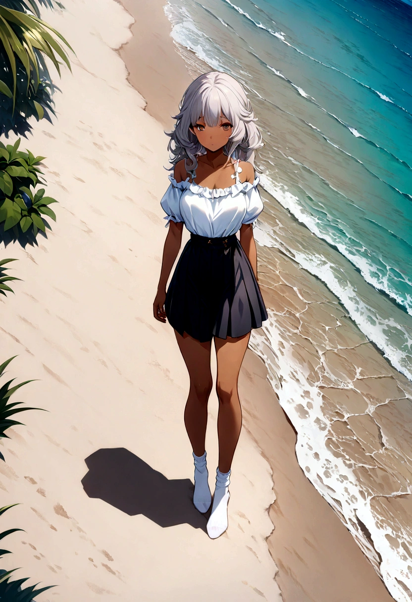 ((masterpiece)), ((best quality)), ((high resolution)), ((Extremely detailed CG unity 8k wallpaper)), Solitary, Orange, Tan , Black skirt, White socks, outdoor, Face, Downy hair, beach, Separated hair, Silver Hair