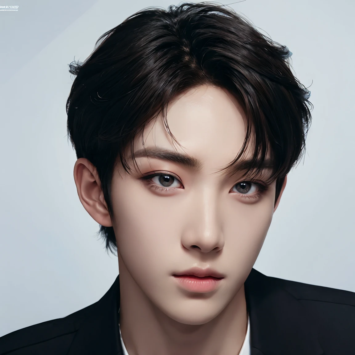 professional portrait photograph, handsome young man, model, crew cut, detailed face, detailed eyes, plain background, kpop