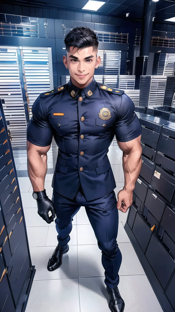 1 man,(Skinheads hairstyles) ,black eye,(Wear jacket navy with a police badge.:1.3),(fit neck),Navy blue jeans,(black_gloves), Korean guy,chest muscles,large arm muscles,blood vessel,Big muscles,Broad shoulders, smile, middle of the road,(full_shot:1.6), (server room:1.6)