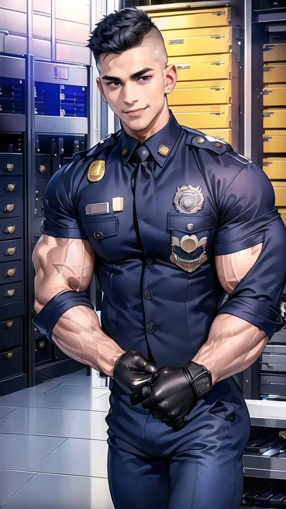 1 man,(Skinheads hairstyles) ,black eye,(Wear jacket  navy with a police badge.:1.3),(fit neck),Navy blue jeans,(black_gloves), Korean guy,chest muscles,large arm muscles,blood vessel,Big muscles,Broad shoulders, smile, middle of the road,(full_shot:1.6), (server room:1.6)