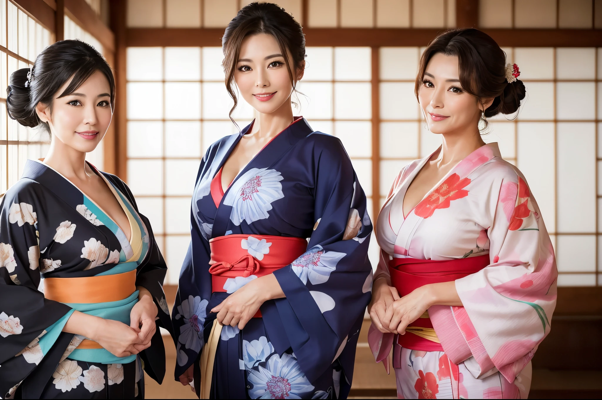 RAW photography,Shooting from the front,(high-level image quality,hightquality,hight resolution,masterpiece,highly detaileds),(Photo quality:1.5),((Drawing two mature women,Two Mature Women:1.5)),Anatomically correct,full body,Celebrities,Married Woman,Japanese Mature,45 year old mature woman,((Extremely beautiful face,Miss Japan,Actress face)),Beautiful teeth alignment,Beautiful fingers,Beautiful breasts,Large Breasts,Beautiful buttocks,Thighs,Outstanding proportions,Voluptuous figure,Looking at the Viewer,((yukata,Japanese clothing,薄手のyukata)),((Inside the hot spring inn,Bright cabin,Standing with one's back straight,Smiling)),((No text))