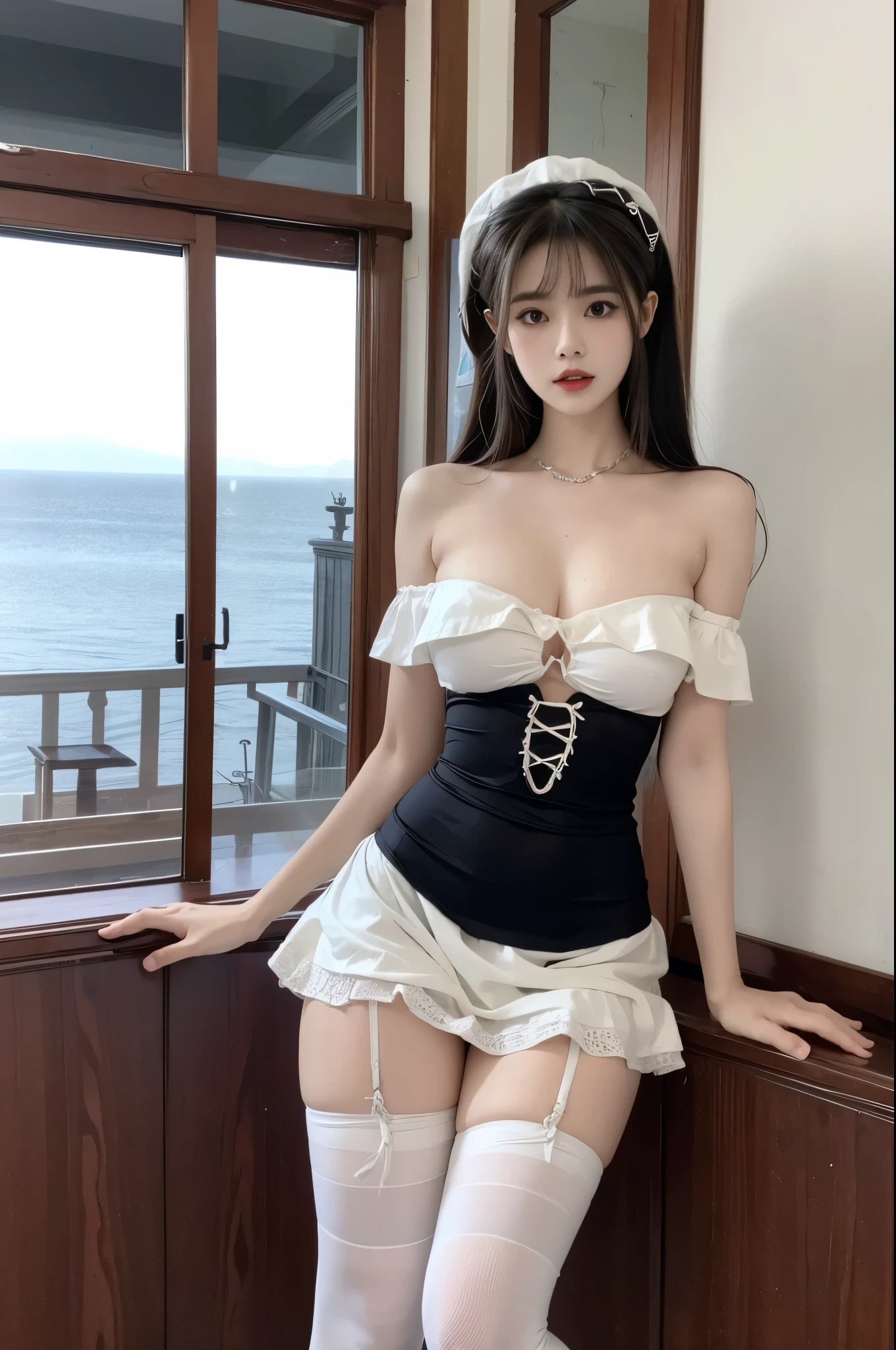 outfit-dragonmaid ((Large Breasts)), ((D cup)), Visible cleavage，Highly detailed face and skin texture，((Bare shoulder)), Double eyelids，Skin Whitening，Long hair，Whitening long legs，Standing by the sea, Fashion Girl, Red lips, Sweet Girl, Beautiful makeup, detail, lifelike, Very detailed, Astonishing, beautiful, Young and energetic, high quality，HD, Colorful， Beautifully, Smooth skin, The skirt is very short, Official Art, Extremely detailed, Movie atmosphere, Soft colors, Natural skin texture, Random scene, random shooting Angle, Black over-the-knee socks, lace hem