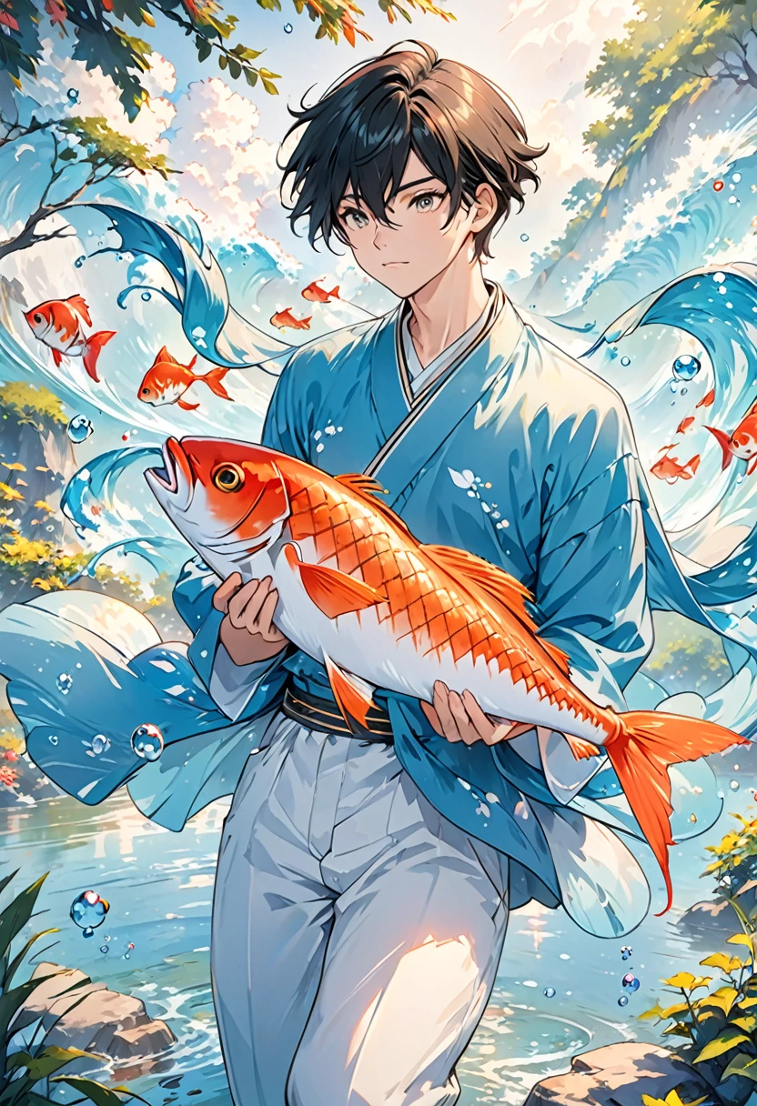 Cartoon boy and fish in water full of bubbles and air, Guviz-style artwork, Detailed digital anime art, Anime Art Wallpaper 4K, Anime Art Wallpaper 4K, Hot topics on artstation pixiv, 4k comic wallpaper, anime art wallpaper 8 k, Anime style 4K, Clean and detailed anime art, Shinkai Makoto Cyril Rolando，Look to the left
