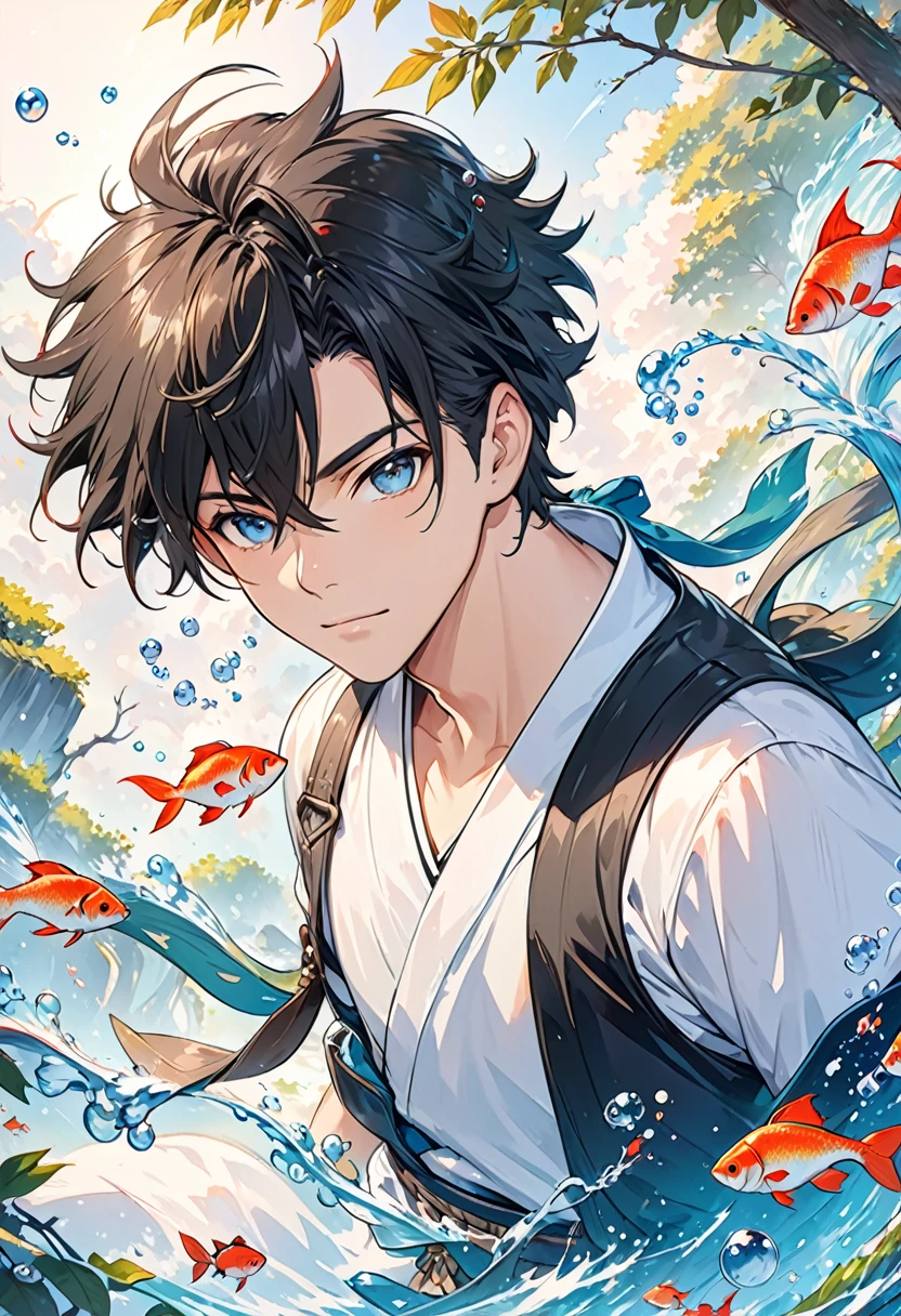 Cartoon boy and fish in water full of bubbles and air, Guviz-style artwork, Detailed digital anime art, Anime Art Wallpaper 4K, Anime Art Wallpaper 4K, Hot topics on artstation pixiv, 4k comic wallpaper, anime art wallpaper 8 k, Anime style 4K, Clean and detailed anime art, Shinkai Makoto Cyril Rolando,Look to the left