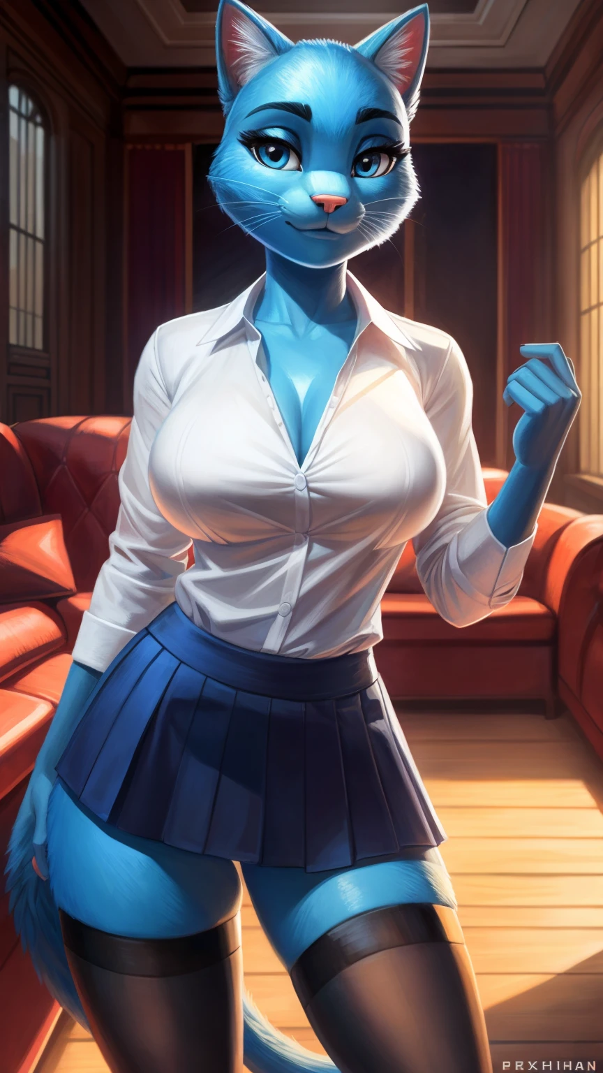 uploaded on e621, by Pixelsketcher, solo anthro, ((Portrait)), ((wear an office uniform, white shirt and grey skirt)), (detailed skin), (Cinematic lighting), ((Detailed background, town, house hall, american dream, sofa in front of the TV in the hall)), (half body shadow), [ambient light on the belly], [explicit content:1.4], [sharp-focus], (Questionable content), [sharp focus], dark eyes, young blue cat, fluffy cat, The Amazing World of Gumball, (Nicole Watterson), ((blue skin)), milf cat, (fluffy fur), fluffy tights, fluffy breasts, furry fantasy art, Anthro art, high resolution commission, fluffy art, furry art in first person, Sakimichan is beautiful, Best quality, detailed image, Bright colors, detailed face, Perfect lighting for club, perfect shadows, Perfect eyes, focus on the girl, flawless face, gorgeous body, Hourglass body, legs focus, (legs in stockings), fluffy, fluffy girl, body fur, animal pink nose, pony face, playful look, half-closed eyes, 1girl, full - body, (Best Quality), (Illustration), (Cinematic lighting), (Balanced coloring:1.2), anthro, attractive body, cat tail, sexy body, seductive gaze, thick-thighs, best stockings, offering pose, proposal, sexual hint