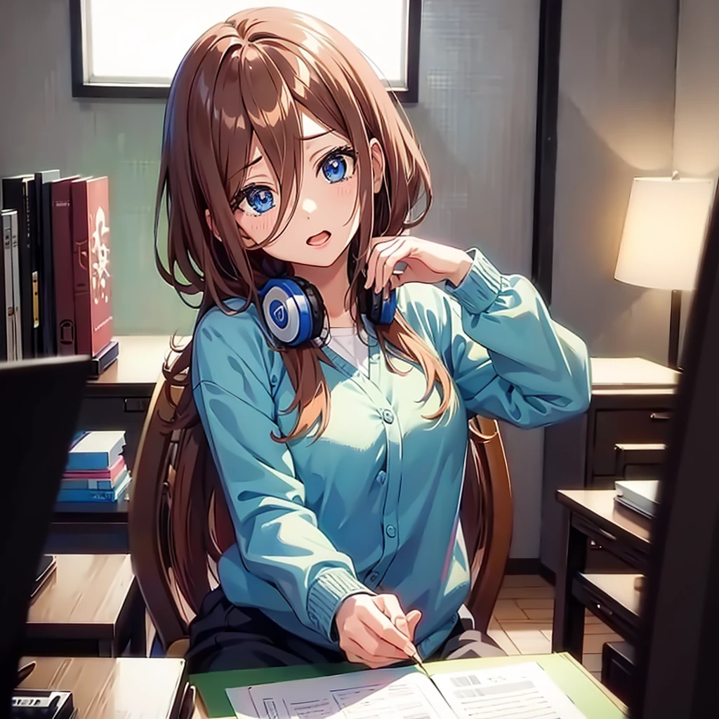 (Masterpiece, high quality, high resolution), Nakano Miku (quintuplets par excellence), Brown hair,  headphones, face palm, sitting at the desk in an office chair, Shrugged face, blush, detailed face,bloomed shirt,slightly visible neckline,hot atmosphere,classic office background,Large transparent windows in the background, anime version, extremely detailed, UHD, 4k, 8k, awarded, sharp focus, anime version