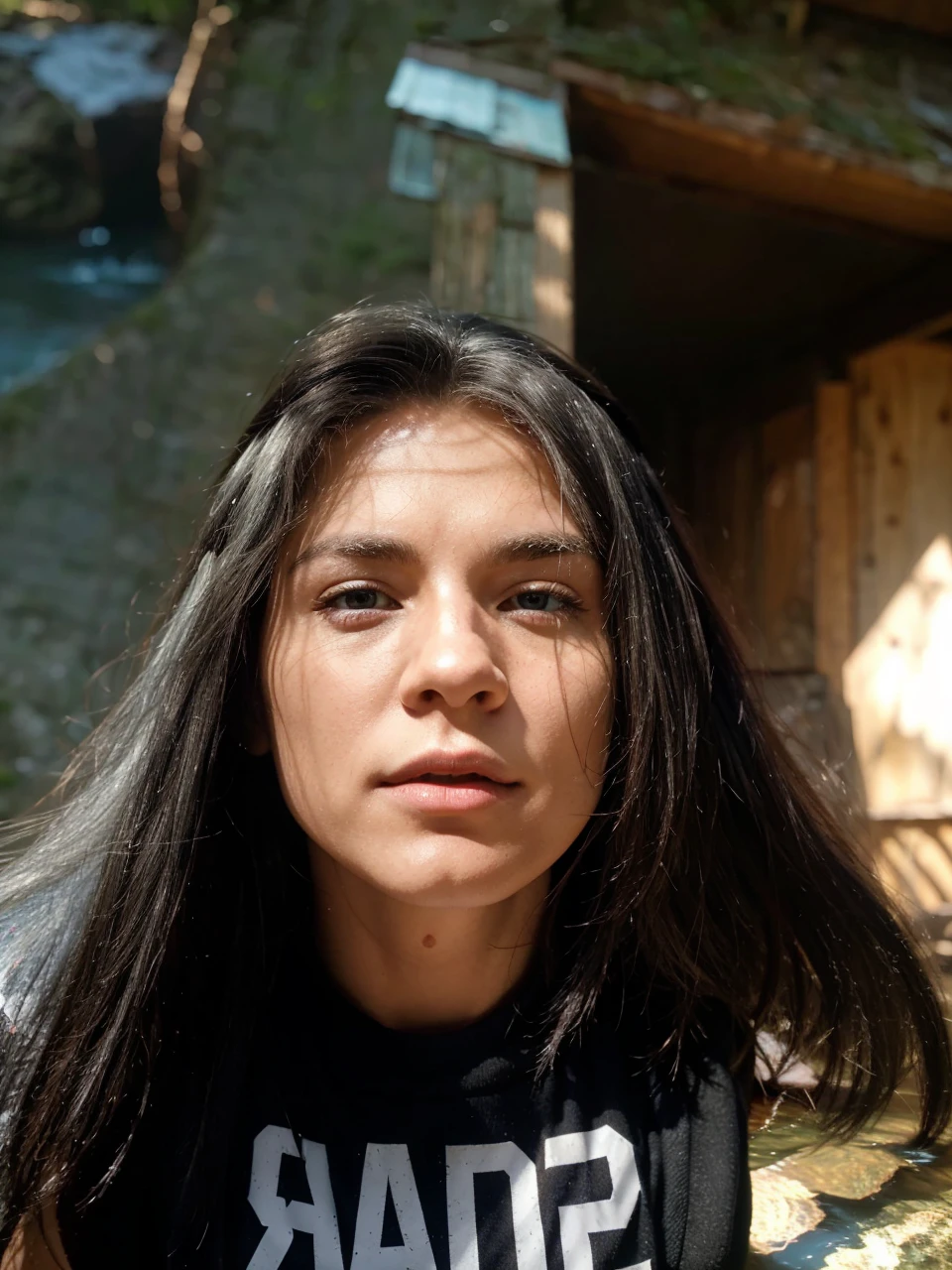 UltraHD, Highest Photo resolution, Realistic, Cinematic, Cabin in the woods with stream and creek, a beautiful white haired elf, male