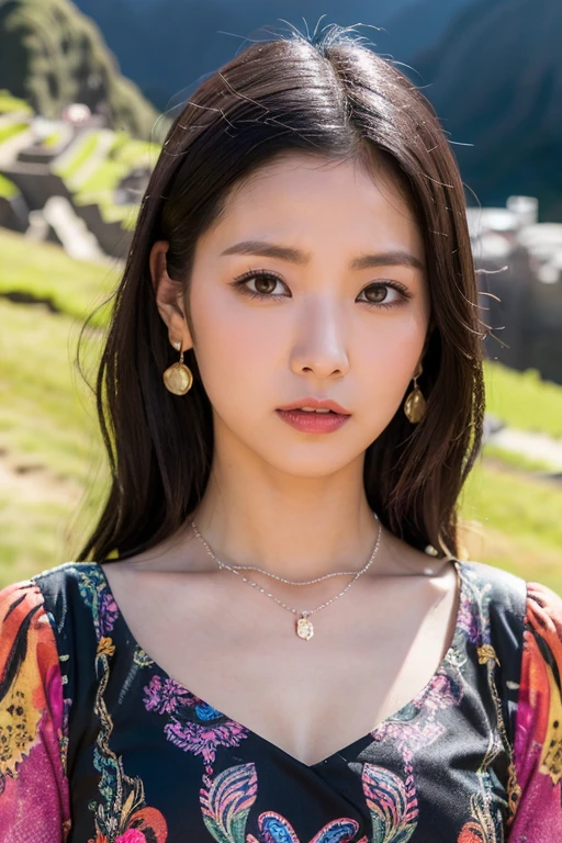 Highest quality、Masterpiece、32k raw photo,High-definition photos、Black Hair,Upper Body、Brown eyes,Earrings,necklace、Psychedelic dress、full-face blush, embarrassed,alone、Background of Machu Picchu