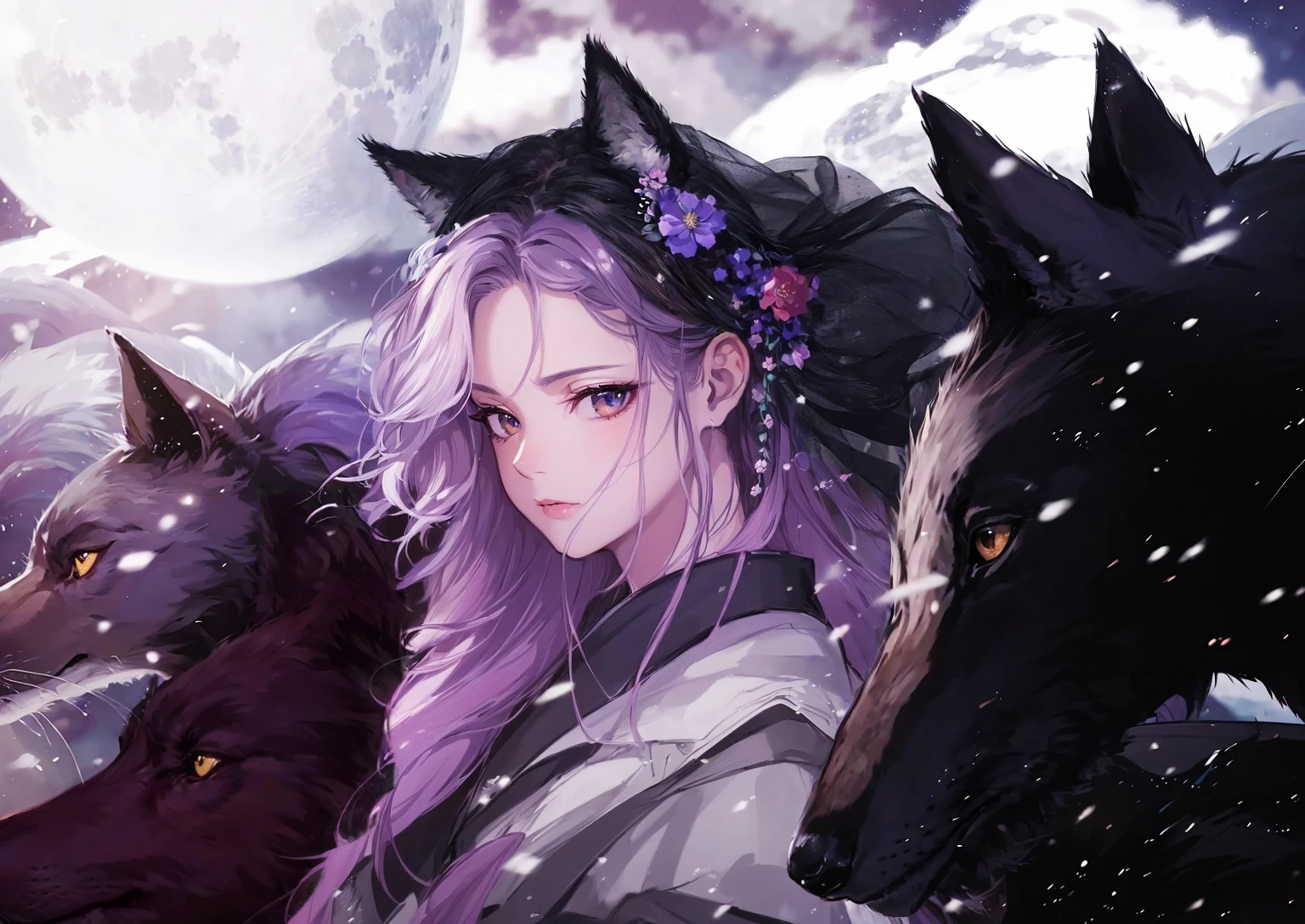 masterpiece, best quality, high quality, highres, ultra highres, wolf, wolf ear, snowing, , wolfs, animal, full moon, cloudy, windy