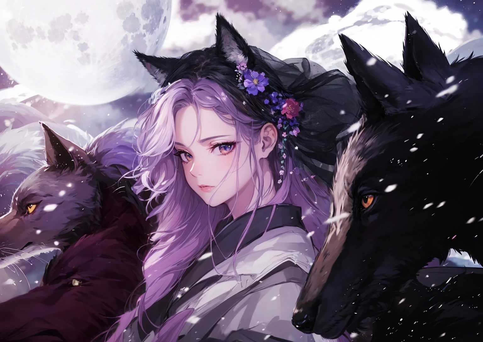 masterpiece, best quality, high quality, highres, ultra highres, wolf, wolf ear, snowing, , wolfs, animal, full moon, cloudy, windy