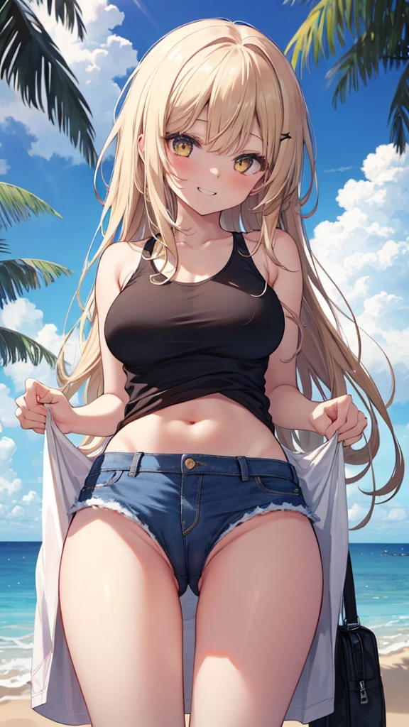 (8K、Highest quality、Highest quality、masterpiece)、Detailed face、One Girl、(Brown Skin:1.2)、Long Hair、Yellow Eyes、Grin、(Black tank top、Denim hot shorts、Mini Shorts、Spread  under shorts、、wedgie、Spread  under shorts)、 view、Beach、cloud、、Spread 、spread 、、