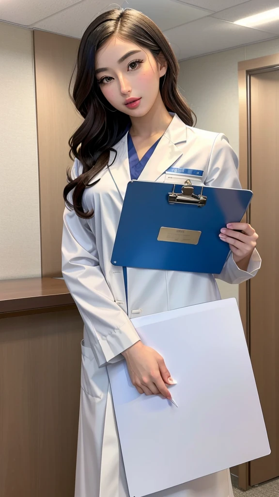 emilywillis, dressed as a doctor in a hospital holding a clipboard、タートルネックセーター、ミニスカート