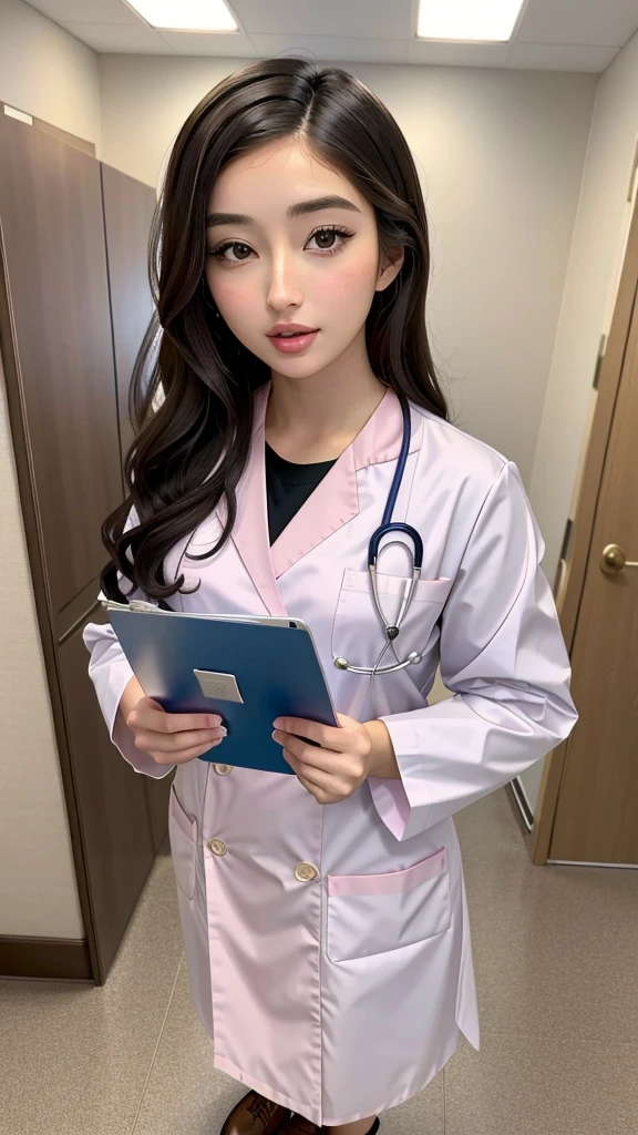 emilywillis, dressed as a doctor in a hospital holding a clipboard、タートルネックセーター、ミニスカート