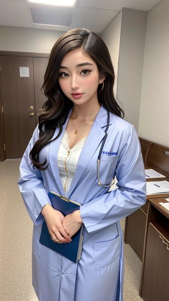 emilywillis, dressed as a doctor in a hospital holding a clipboard、タートルネックセーター、ミニスカート