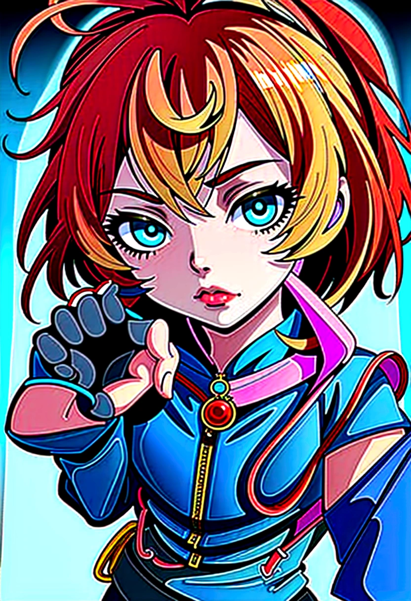 (masterpiece), (best quality), ((ultra detailed beautiful face and eyes)), illustration, cool girl with, short hair, (blue blouson jacket:1.1) and (black tight skirt), fingerless gloves, jewelry accessories, kick, dynamic angle, studio lighting