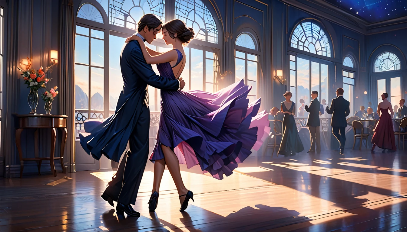 (best quality,8k,masterpiece:1.2),ultra-detailed,(realistic,photorealistic,photo-realistic:1.37),digital art, concept art, low contrast natural lighting, a man and woman dancing tango, art deco ballroom, 1920s, Outside the window is a balcony. a narrow french window with an arched top leads out to the balcony.,man facing forward, woman facing away from viewer, dancing the tango, woman is wearing a purple long dress with slit, she has her right leg out to the side, exposing her thigh., Outside is dark, small stars are shining in (the dark blue sky:1.3), (dimly lit room:1.2), and shadows are cast on the eye sockets, making it impossible to read their expressions, detailed facial features, beautiful dress, formal attire, natural lighting, warm color palette,