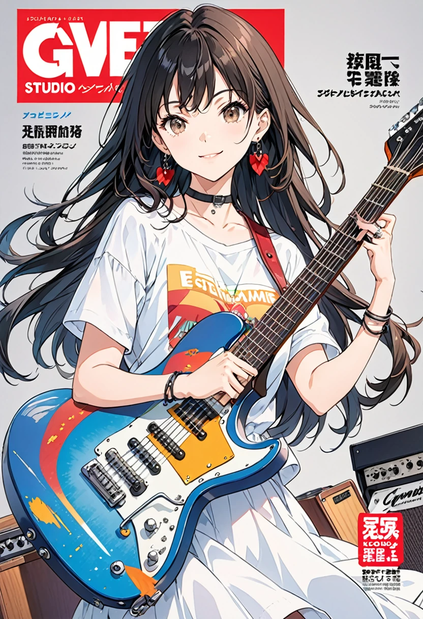 anime artwork magazine cover,magazine cover illustration,magazine cover illustration,1girl,guitar,instrument,reference inset,black hair,shirt,solo,jewelry,white shirt,electric guitar,holding,t-shirt,photo inset,simple background,ring,looking at viewer,choker,earrings,holding instrument,print shirt,short sleeves,long hair,grey background,white background,smile,black choker,brown eyes,. anime style, key visual, vibrant, studio anime, highly detailed