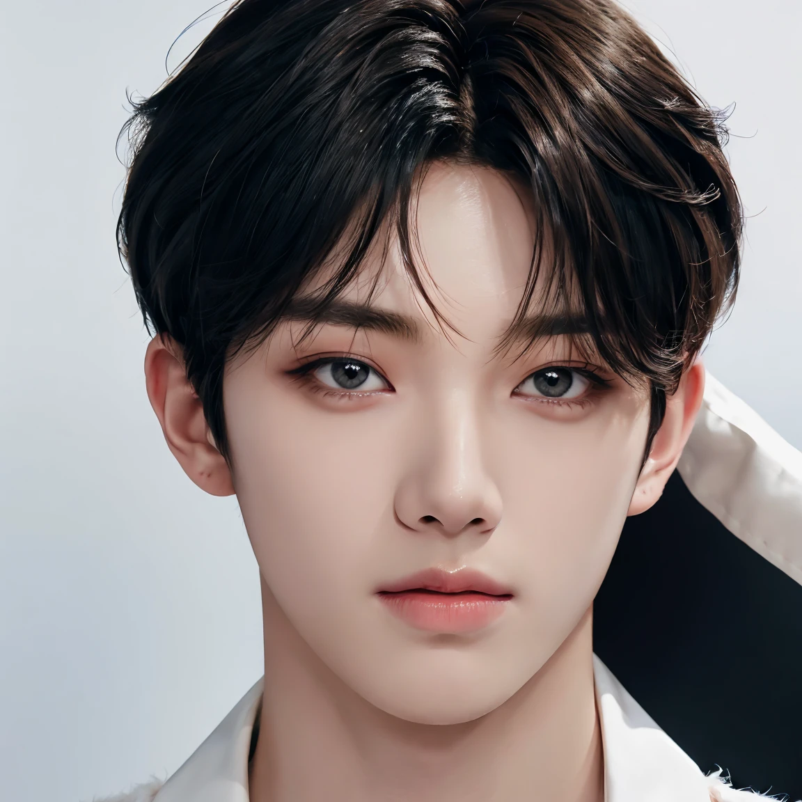 professional portrait photograph, handsome young man, model, fluffy crew cut, detailed face, detailed eyes, plain background, kpop