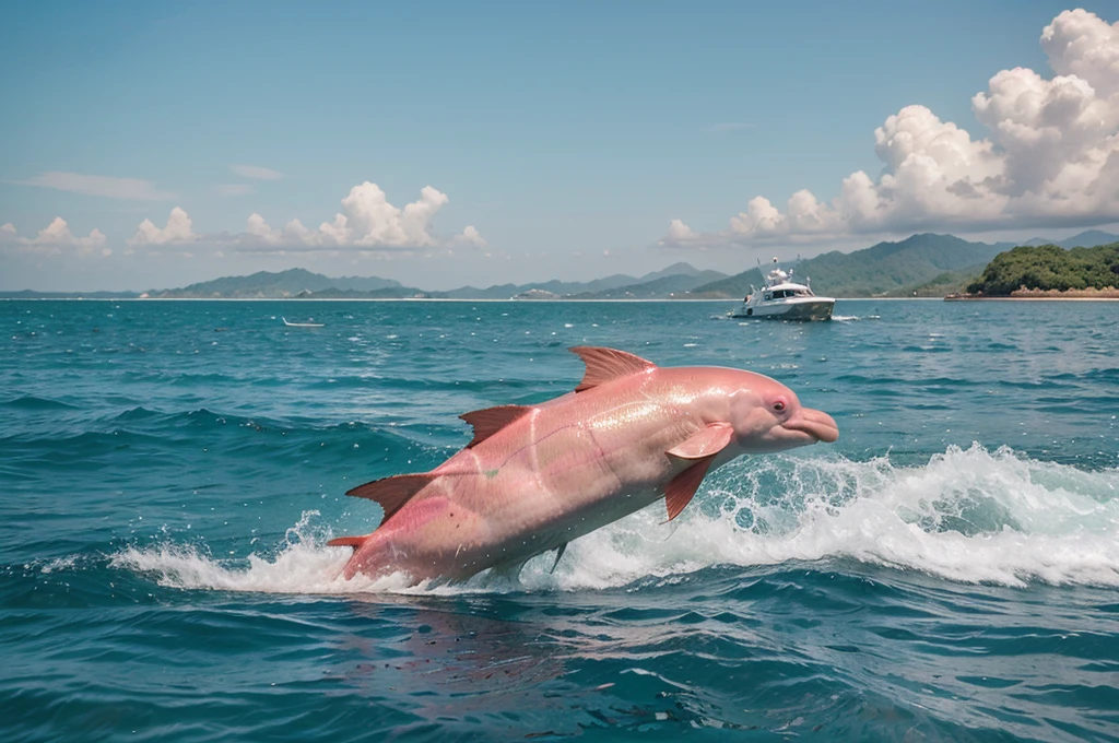 pink dolphin swim in thai ocean near speed boat, real photography, medium shot  Realistic, sharp