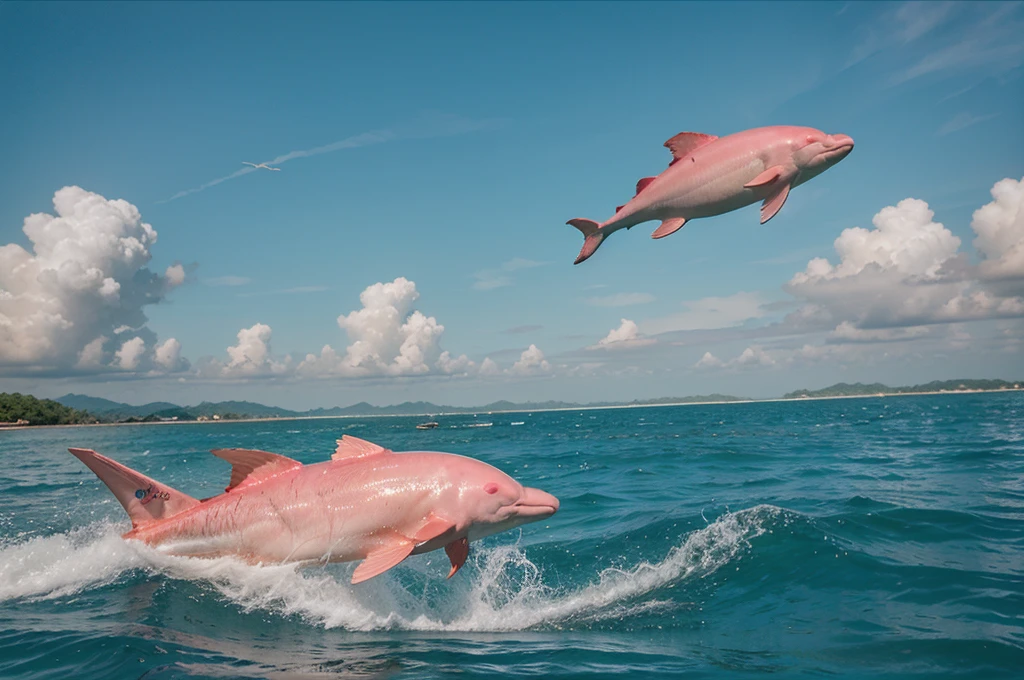 pink dolphin swim in thai ocean near speed boat, real photography, medium shot Realistic, sharp